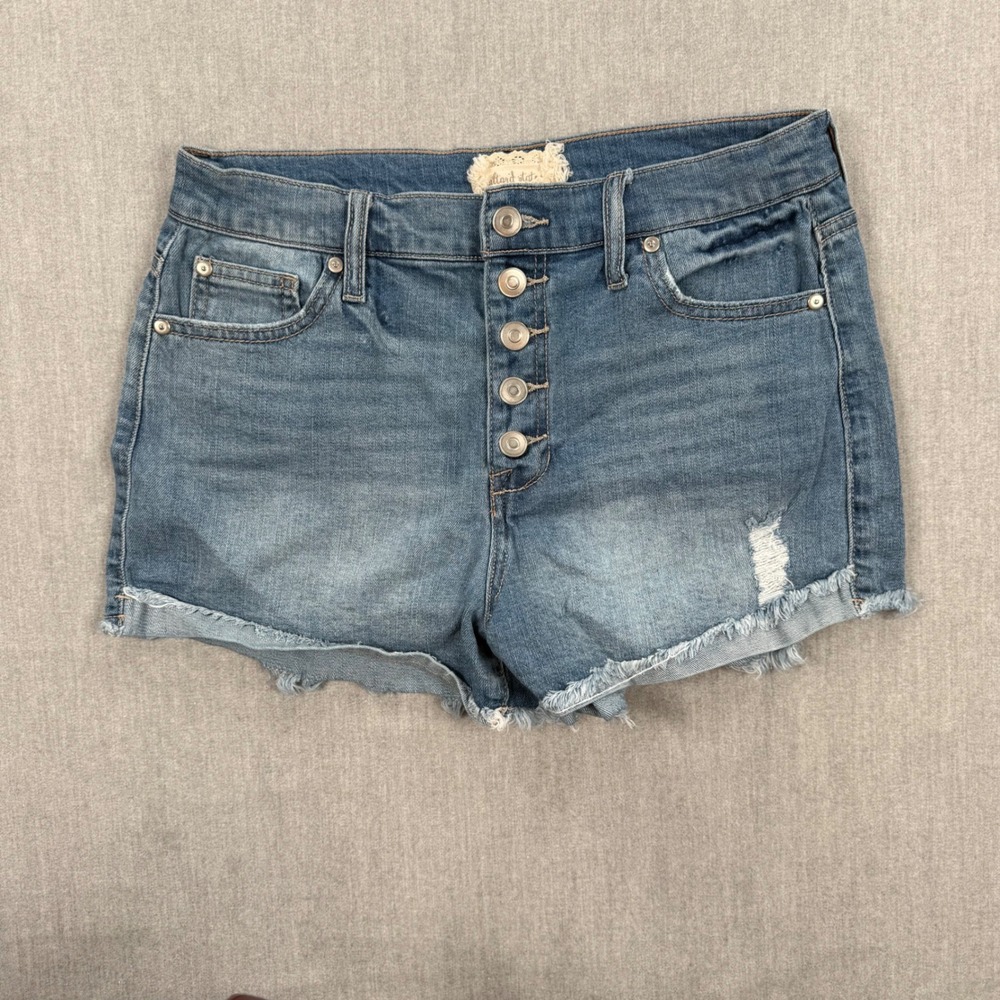 Altar'd State High Waisted Button Fly Denim Jean Shorts Distressed Blue 29/9